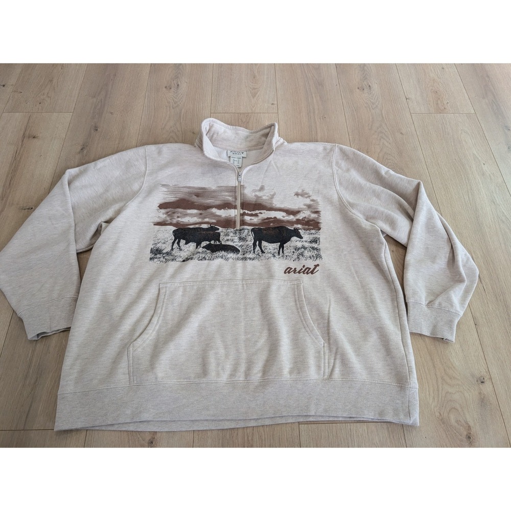 Ariat Real Sweatshirt Womens Sz XL Mock 1/2 Zip Scenic Cows In A Field Pullover